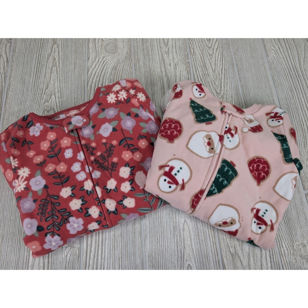 Carter's Fleece Footed Pajamas Girls 4T Santa Floral Christmas Pink Red Footies